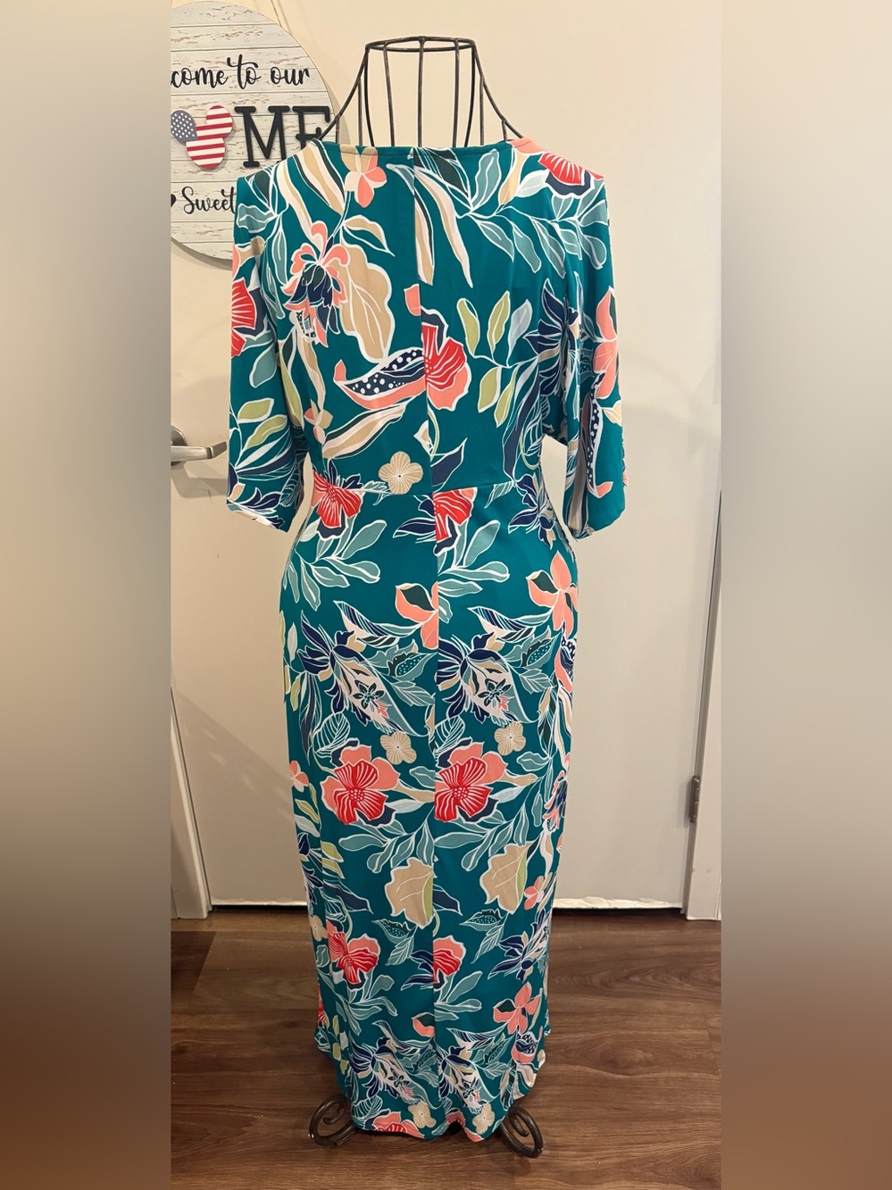 VENUS Teal Floral Knot-Waist Maxi Dress with Coral & Cream Blooms - Picture 6 of 10